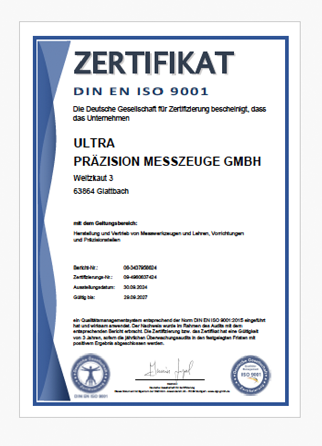 ULTRA Germany ist DIN EN ISO 9001:2015 zertifiziert. Zertifikat Reg. Nr. 09-4960637424